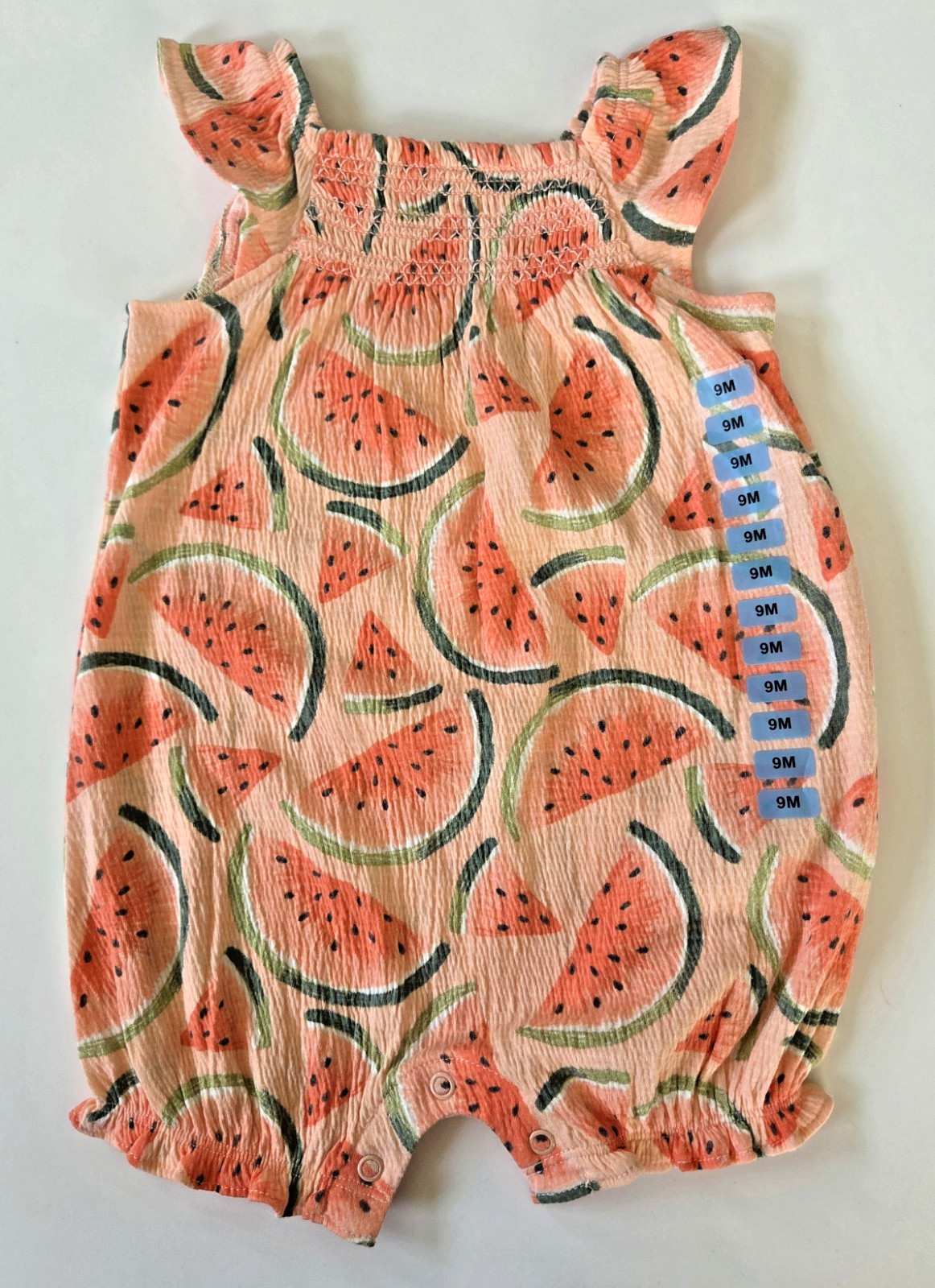 Carter’s Baby Girl Coral Crinkle Knit Watermelon Romper Smocked Size 9M NEW