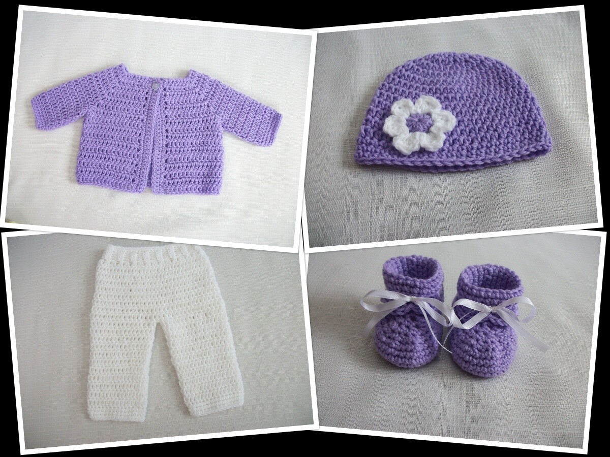 Crochet Baby Set-Sweater Pants Hat Booties 0-3m Girl Handmade Shower Gift Purple