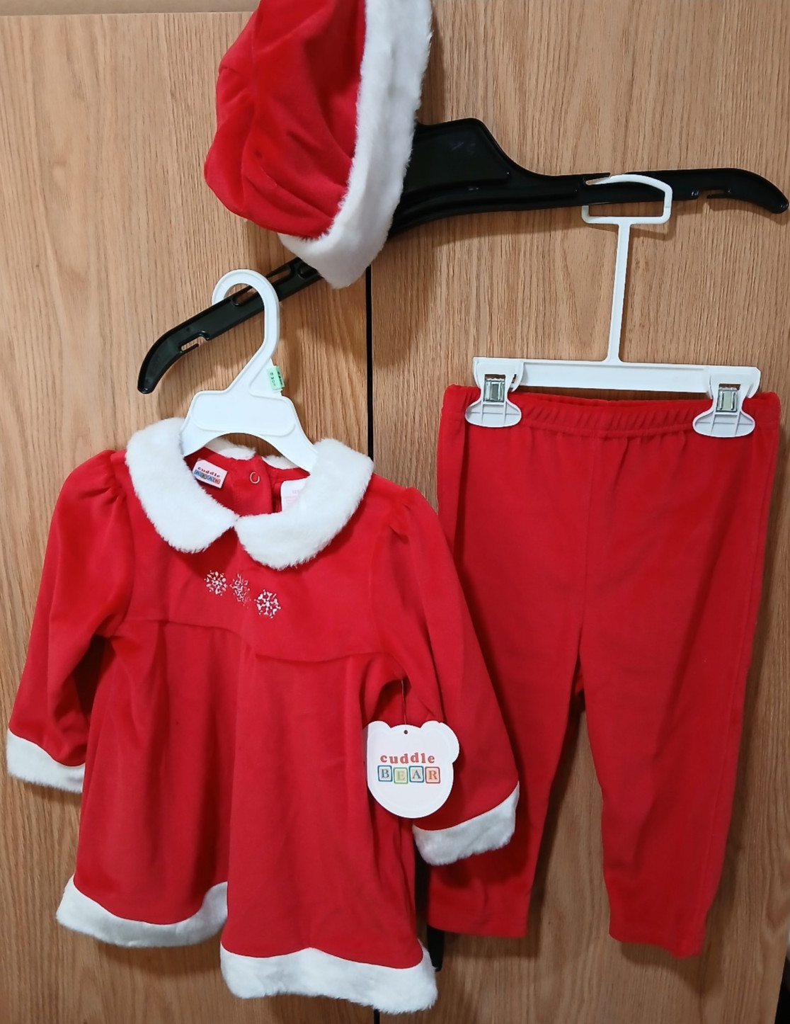 Cuddle Bear 3pc Christmas Set: Red w/White Faux Fur Dress/Top, Pants, Hat, 18 mo