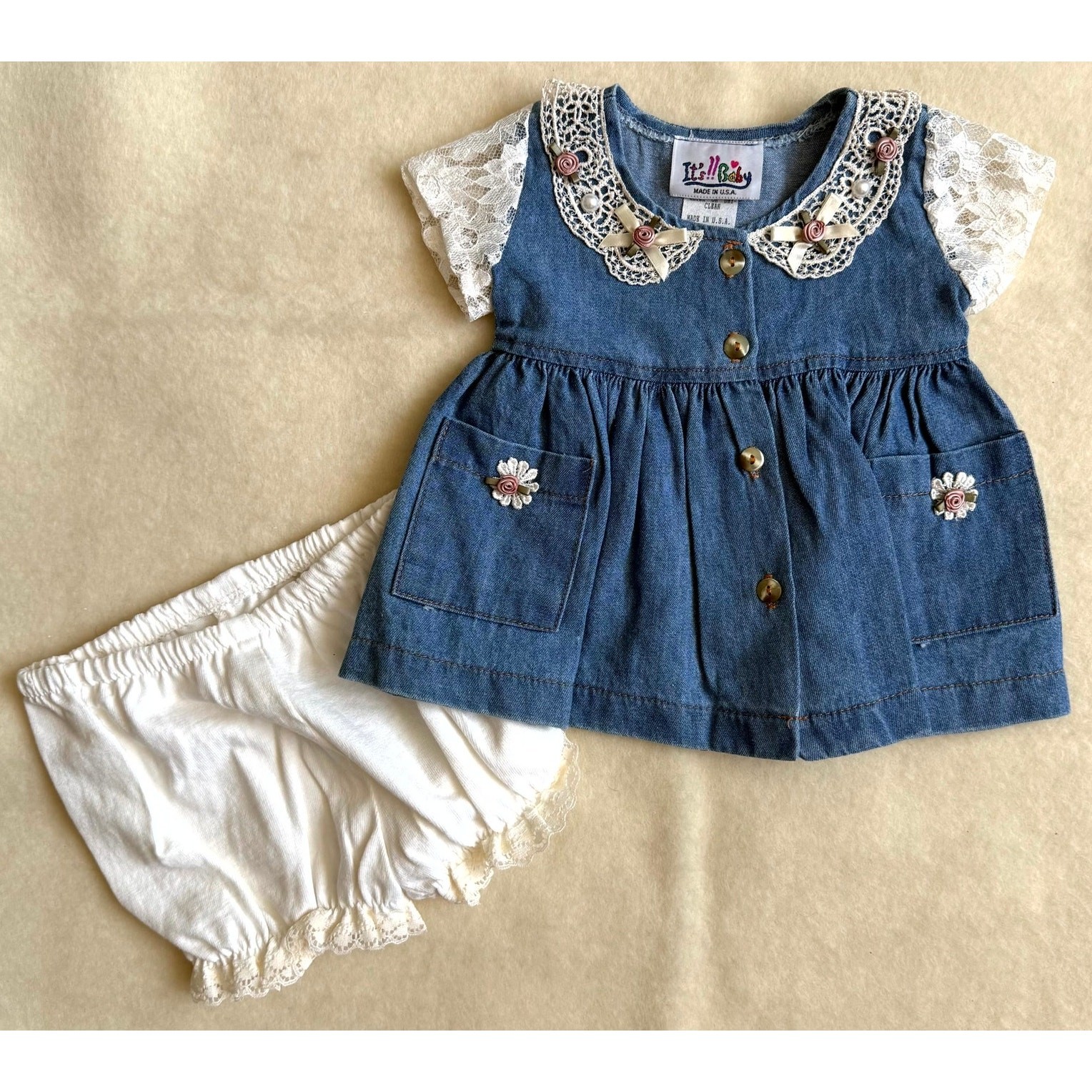 Vintage 90s It’s Baby Dress & Bloomers Set Girls Size 3-6M Blue Floral Lace