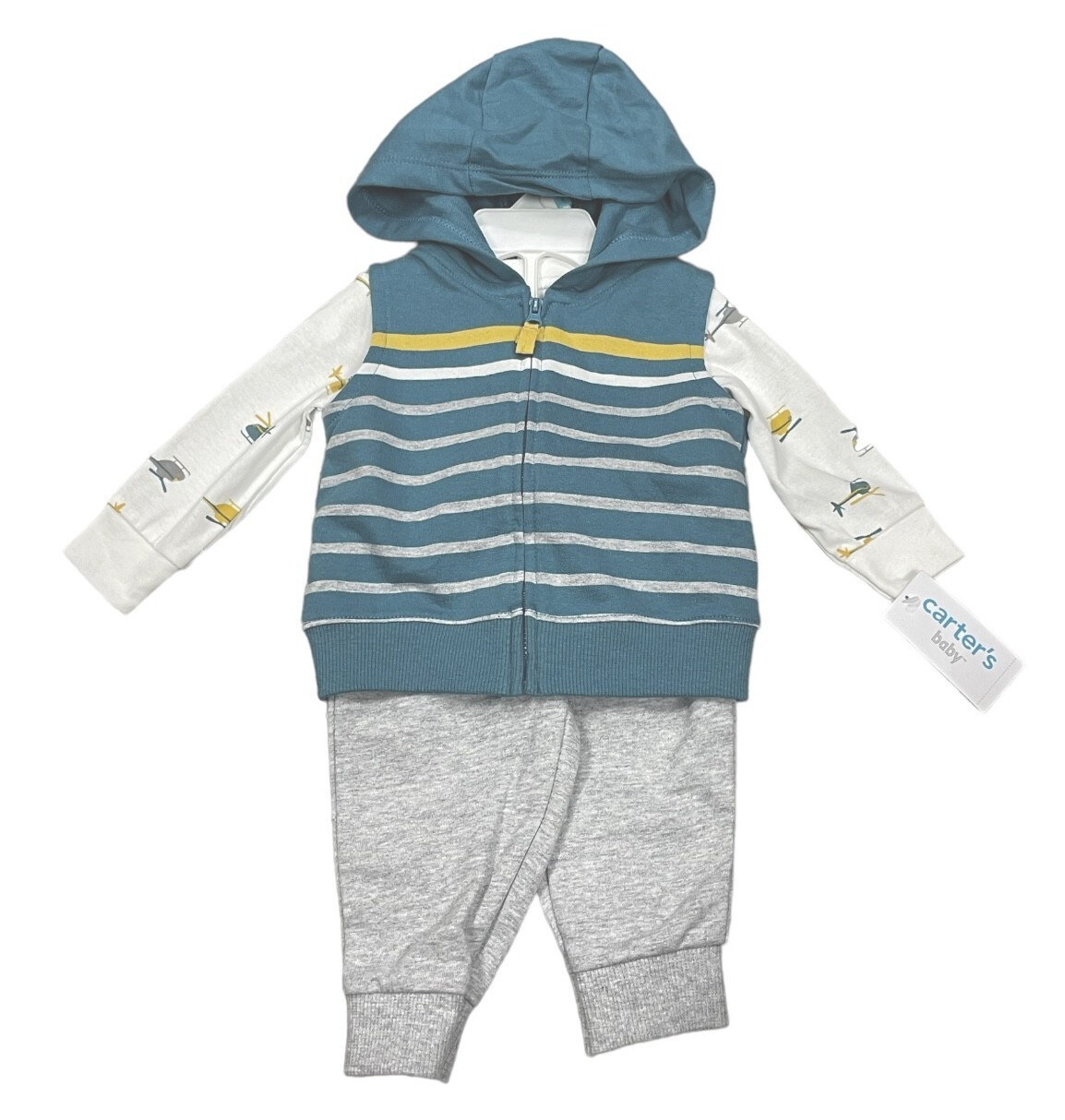 Carter’s Baby Boy 3-PC Outfit Set Blue Hooded Vest Helicopter Body Gray Pants 6M