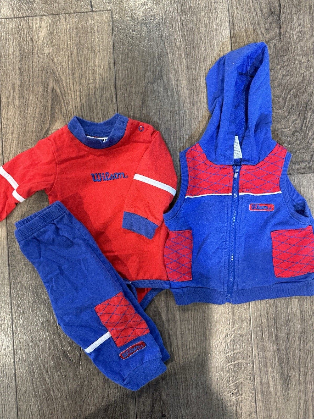 Vintage Wilson 3 piece red blue geometric bodysuit pants hooded vest set 3-6m