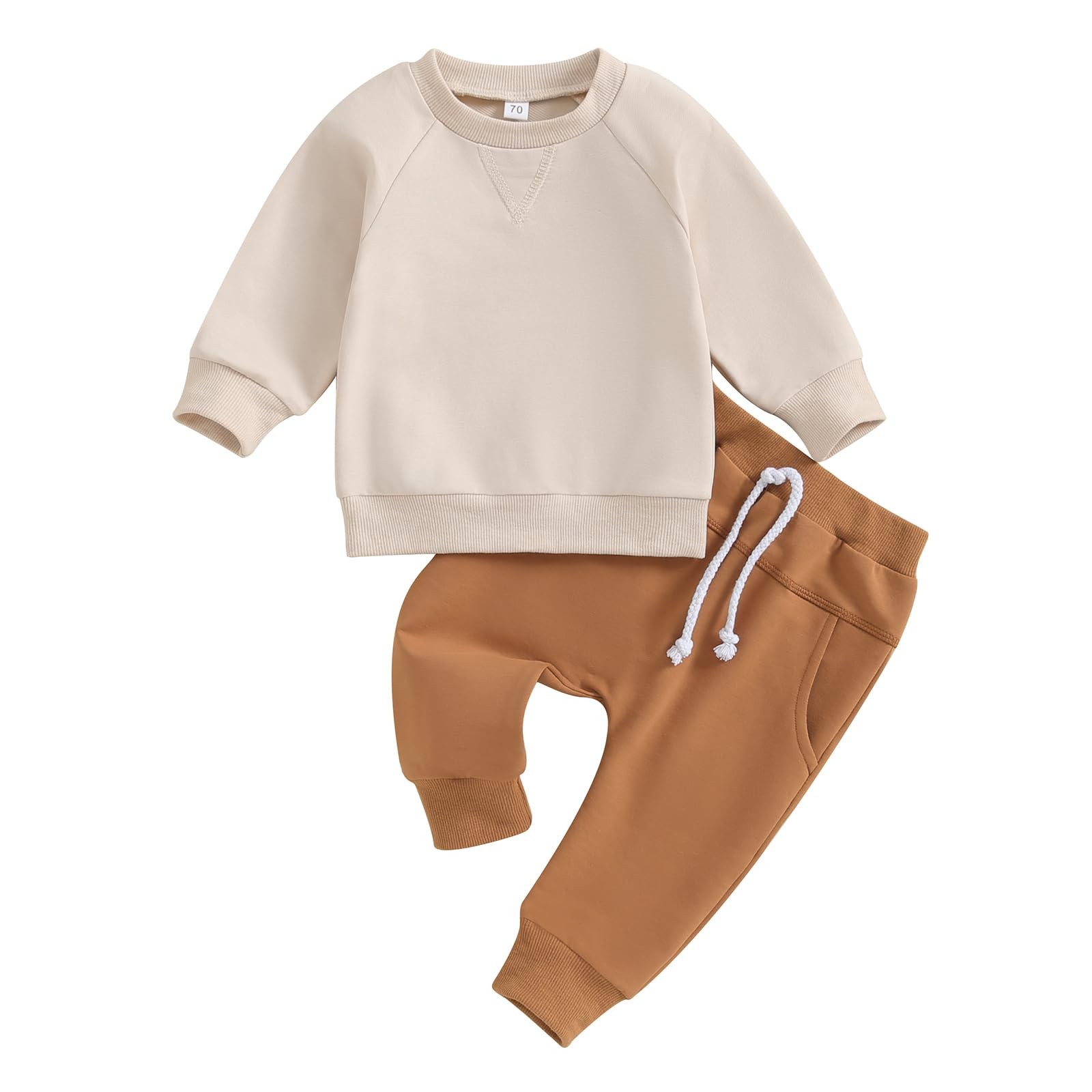Toddler Baby Boy Clothes Solid Color Long Sleeve 6-12 Months, Beige & Khaki