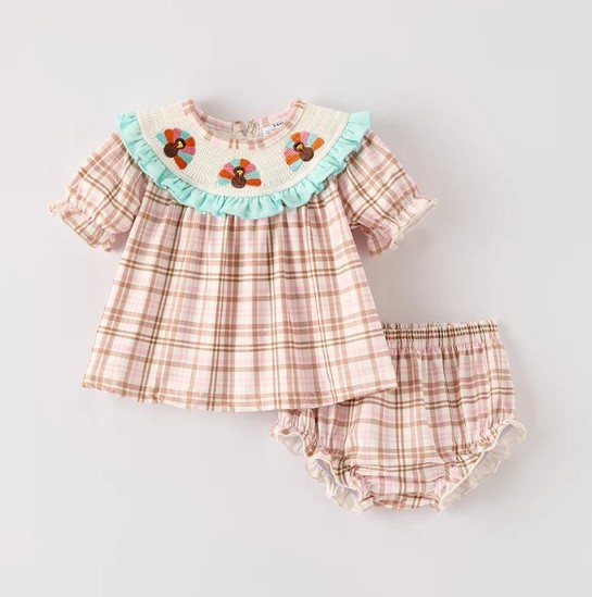 NEW Boutique Turkey Thanksgiving Smocked Embroidered Tunic Baby Girls Outfit