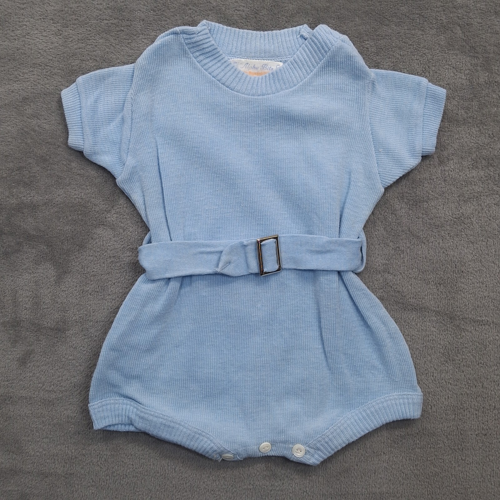 Vtg 60s Baby Knit Outfit Size 2 Blue Infant Alpha Bits For Boys & Girls Belted