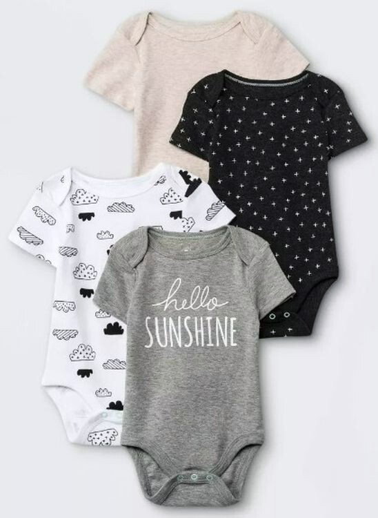 Baby Boys Girls 4 Pack Bodysuits 3-6M Hello Sunshine Clouds Black White Gray