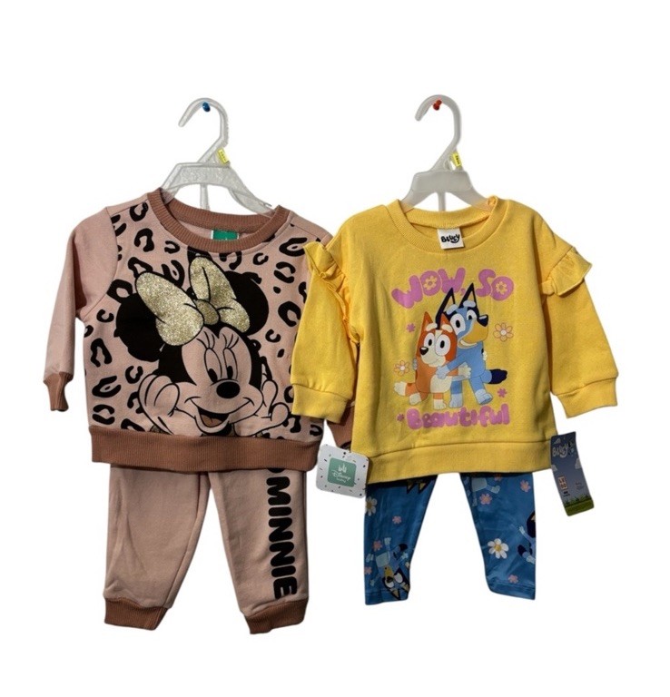 Disney Minnie Mouse & Bluey Cartoon 4 Piece Sweatshirt Set Pink Yellow 12M