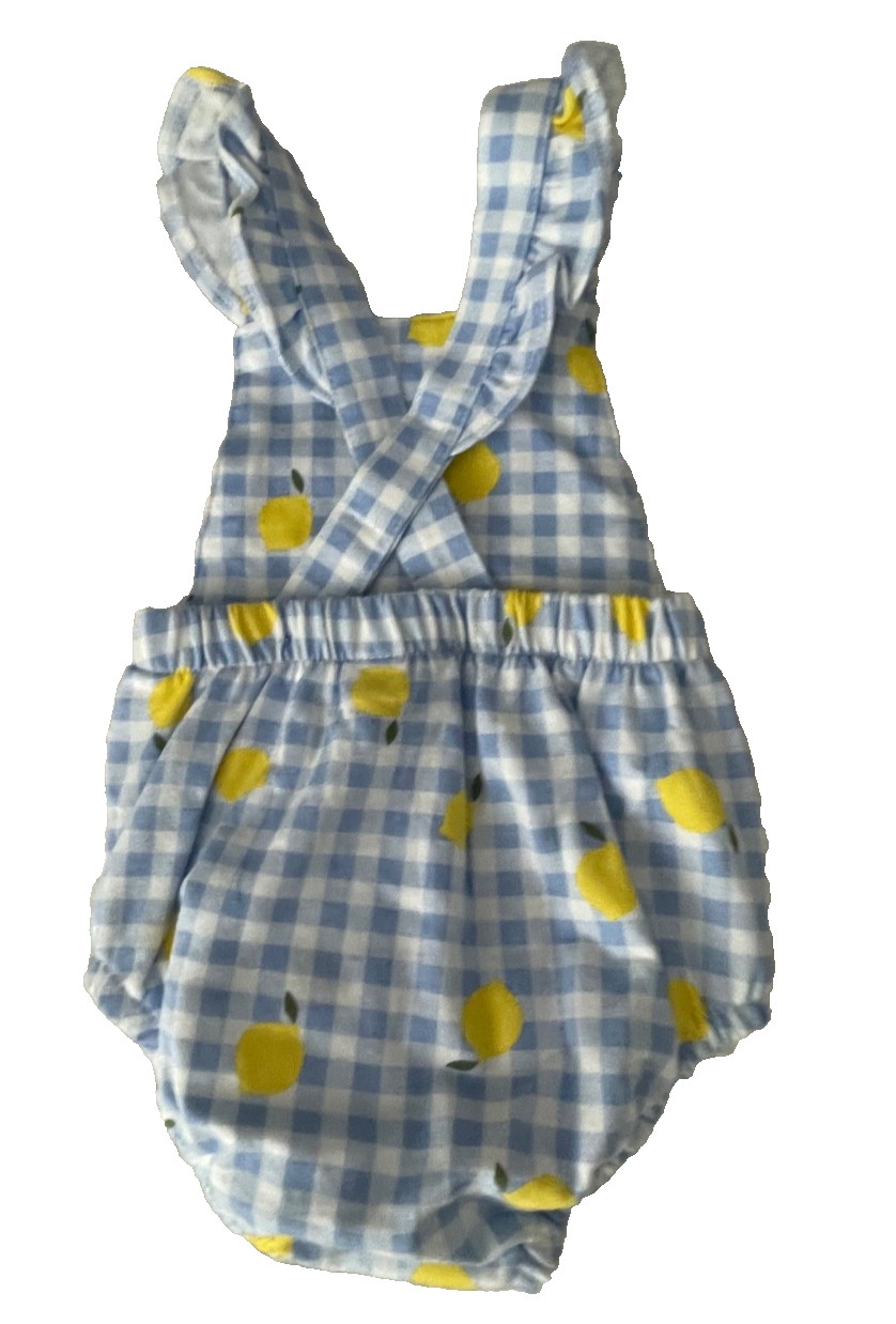 NEW Carters Baby Girls 12 months LEMON gingham Bubble Romper criss-cross blue