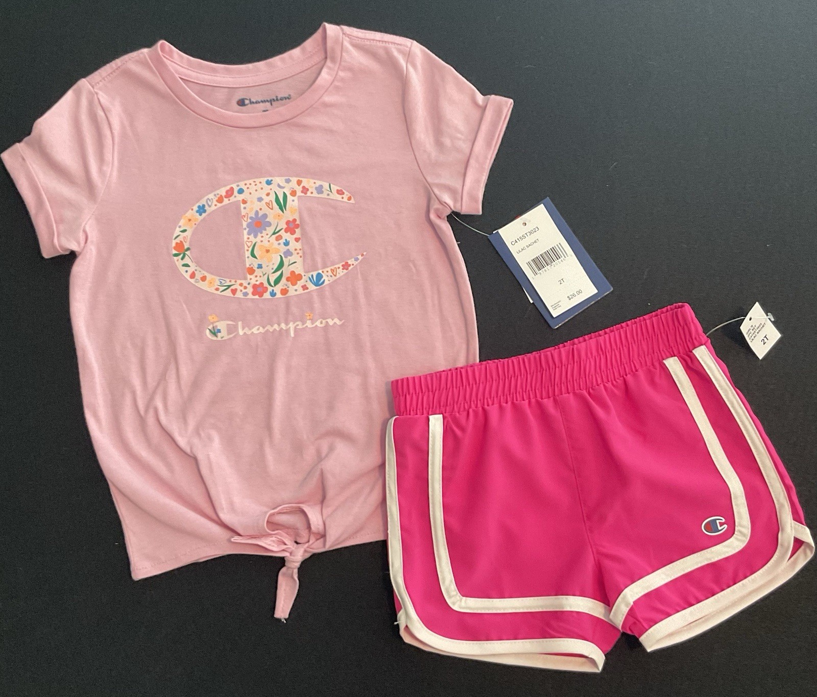 Champion Toddler Girls Pink 2T Tie Front Top & Shorts Set Lilac Sachet NEW