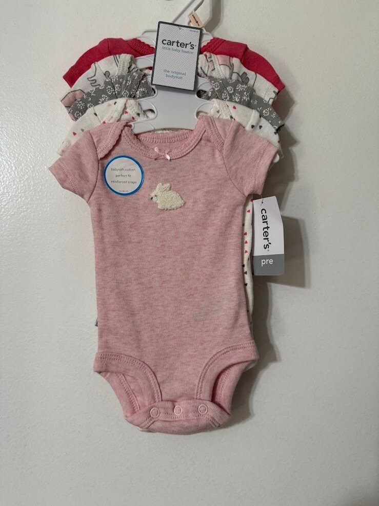 CARTER’S 5 PACK GIRLS BODYSUITS GREAT COLORS NWT PINK GREY WHITE BUNNY PREEMIE