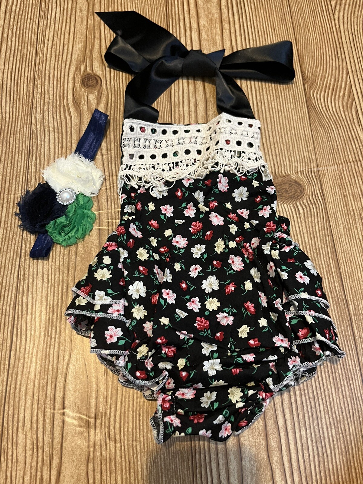 Baby girl black romper 6-9 months headband flowers handmade one piece