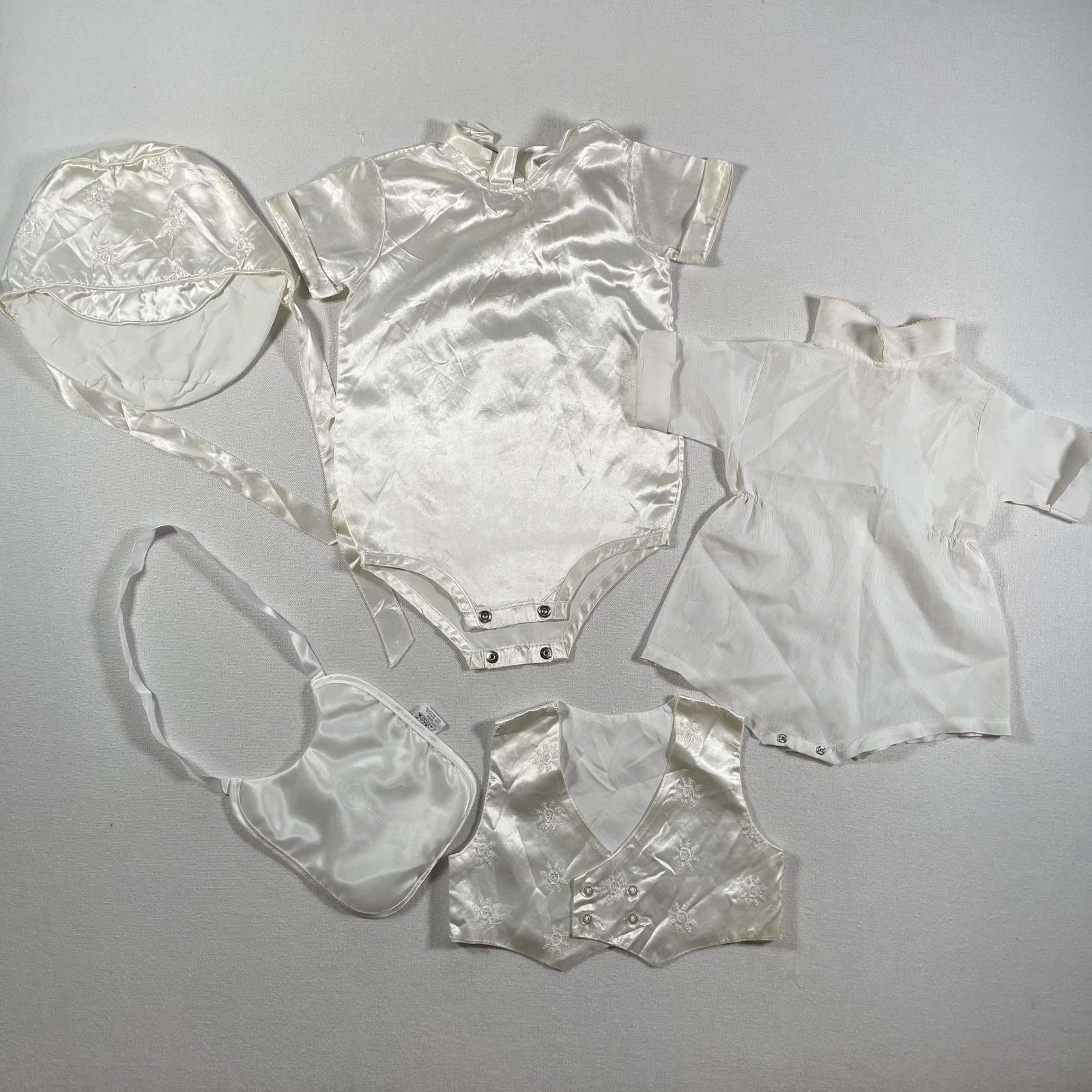 Vintage Christening Baptism Outfit Baby Boys Ivory 5 Piece Set Shirt Bib Cap USA