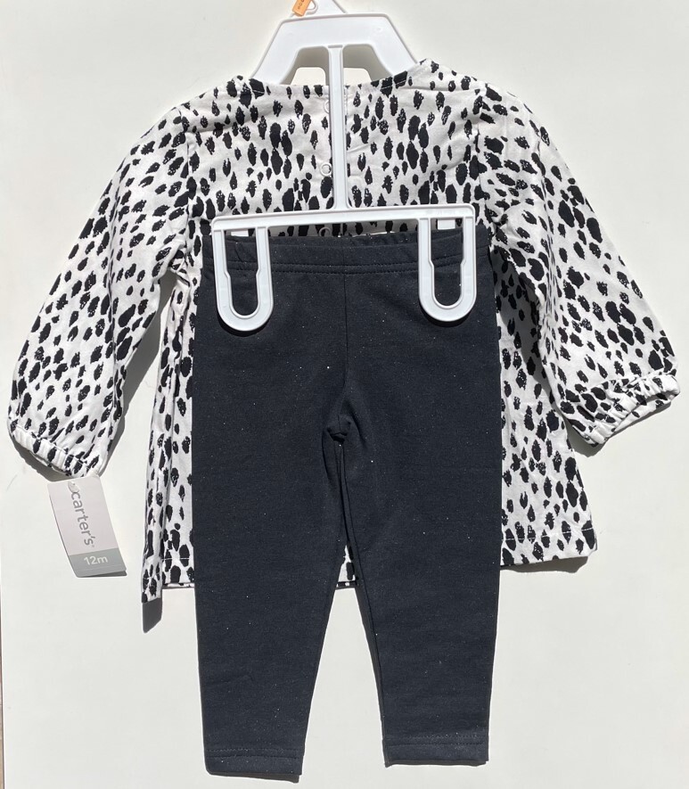 Carters Baby Girls 2pc Outfit Pants Blouse Top Dots Black White Glitter 12 Month