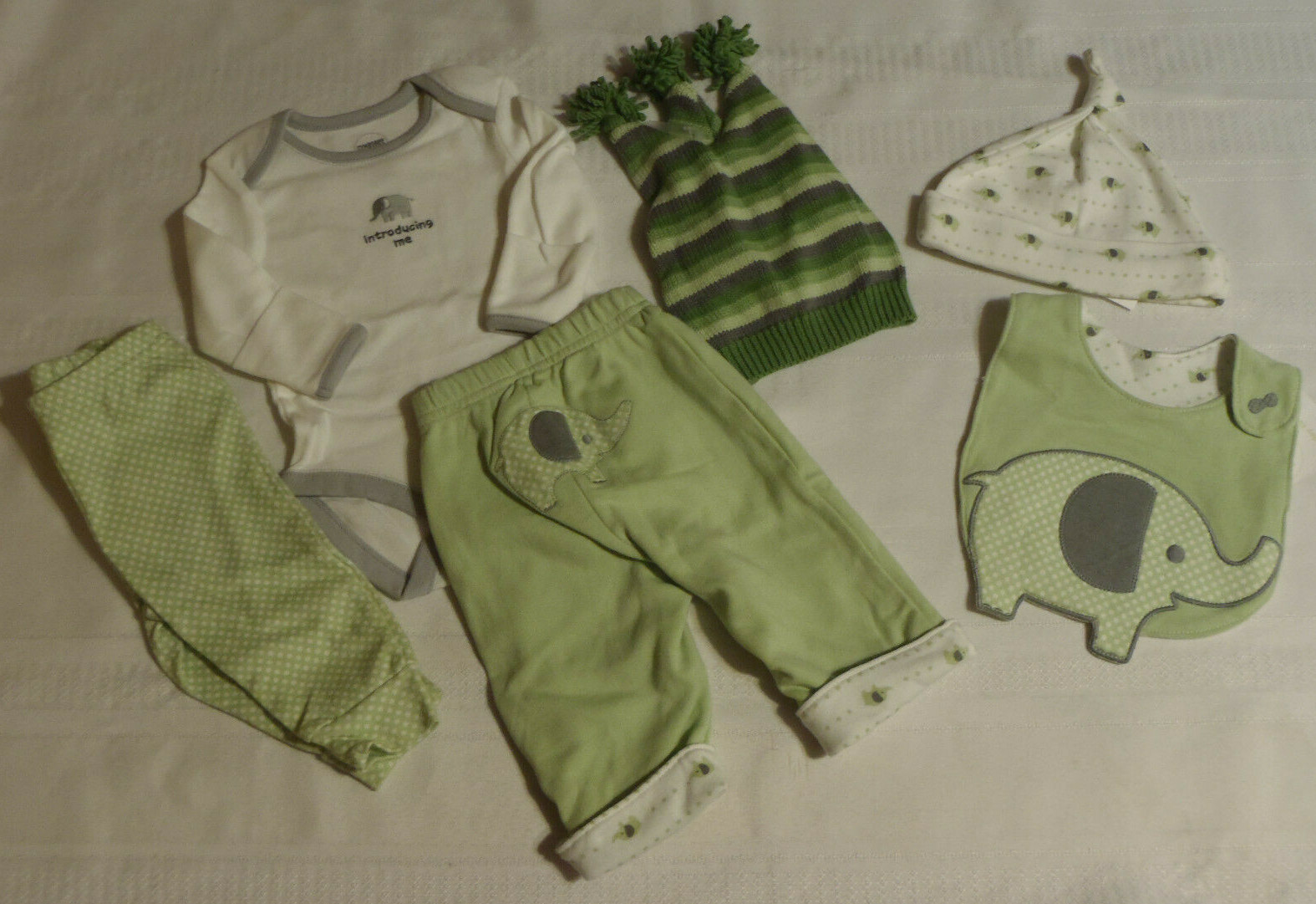GYMBOREE Baby 0-3 Month Green Elephant Reversible Pants Hat Bib Bodysuit Set New