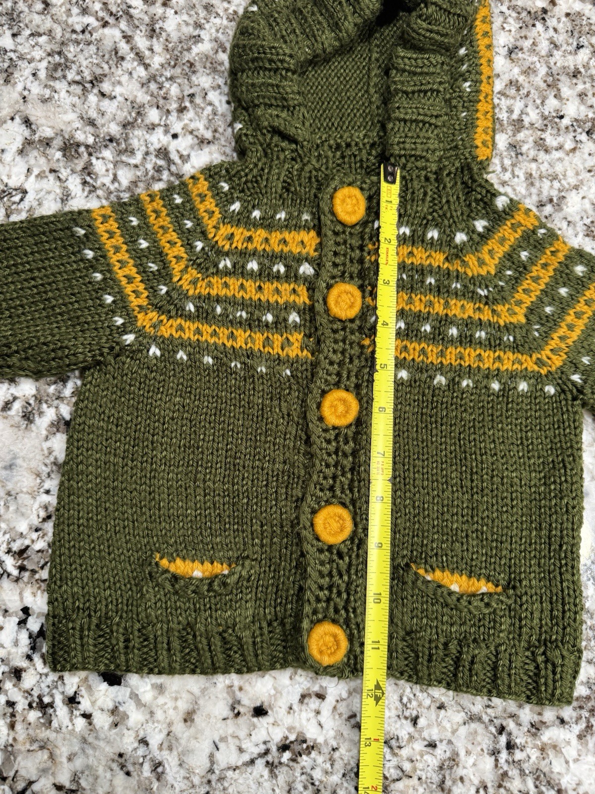 Hand Knit Nordic Hooded Sweater & Mittens Set Baby 6-12M Olive Green Fair Isle