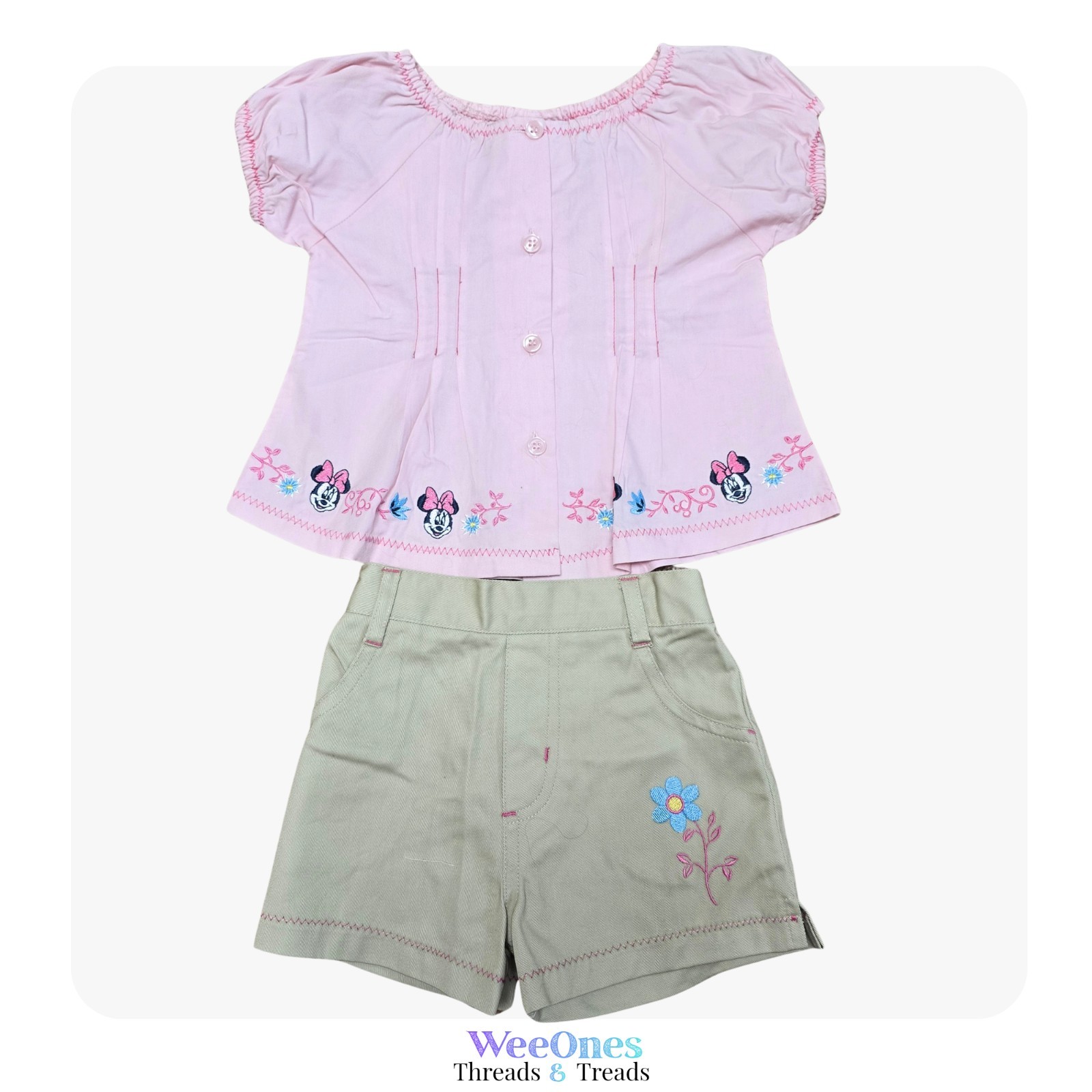 NWT Vintage Disney Minnie Mouse 2-Piece Outfit 12M Pink Embroidered Top & Shorts