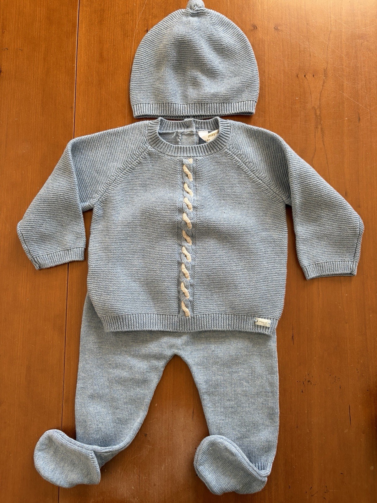 Mayoral Newborn NWOT Blue 100% Cotton Knit Cabled Top, Footie Pants & Hat-2-4Mos