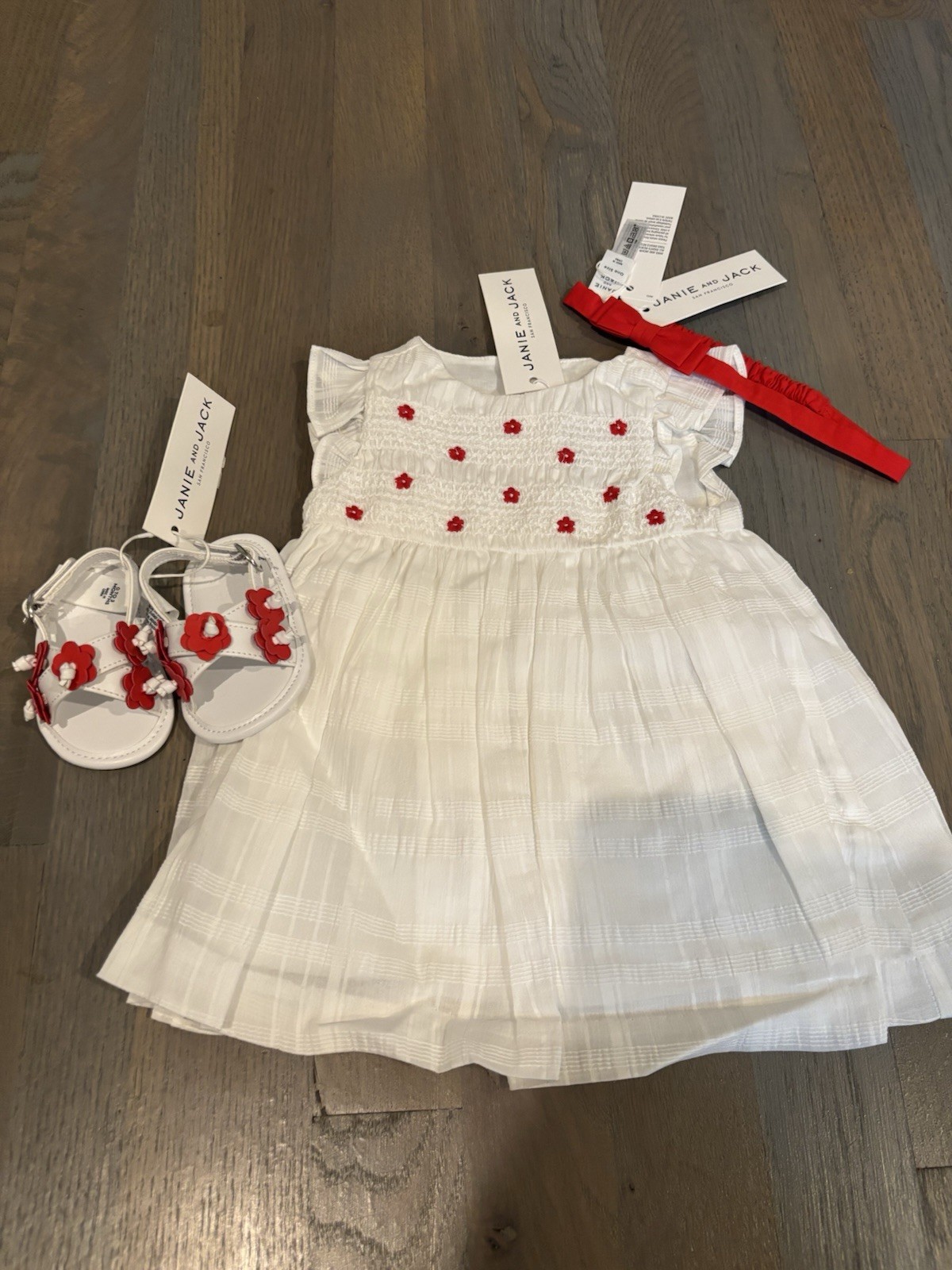 NWT Janie and Jack girl SPRING SUMMER 3-piece white red dress shoes bow 0 3