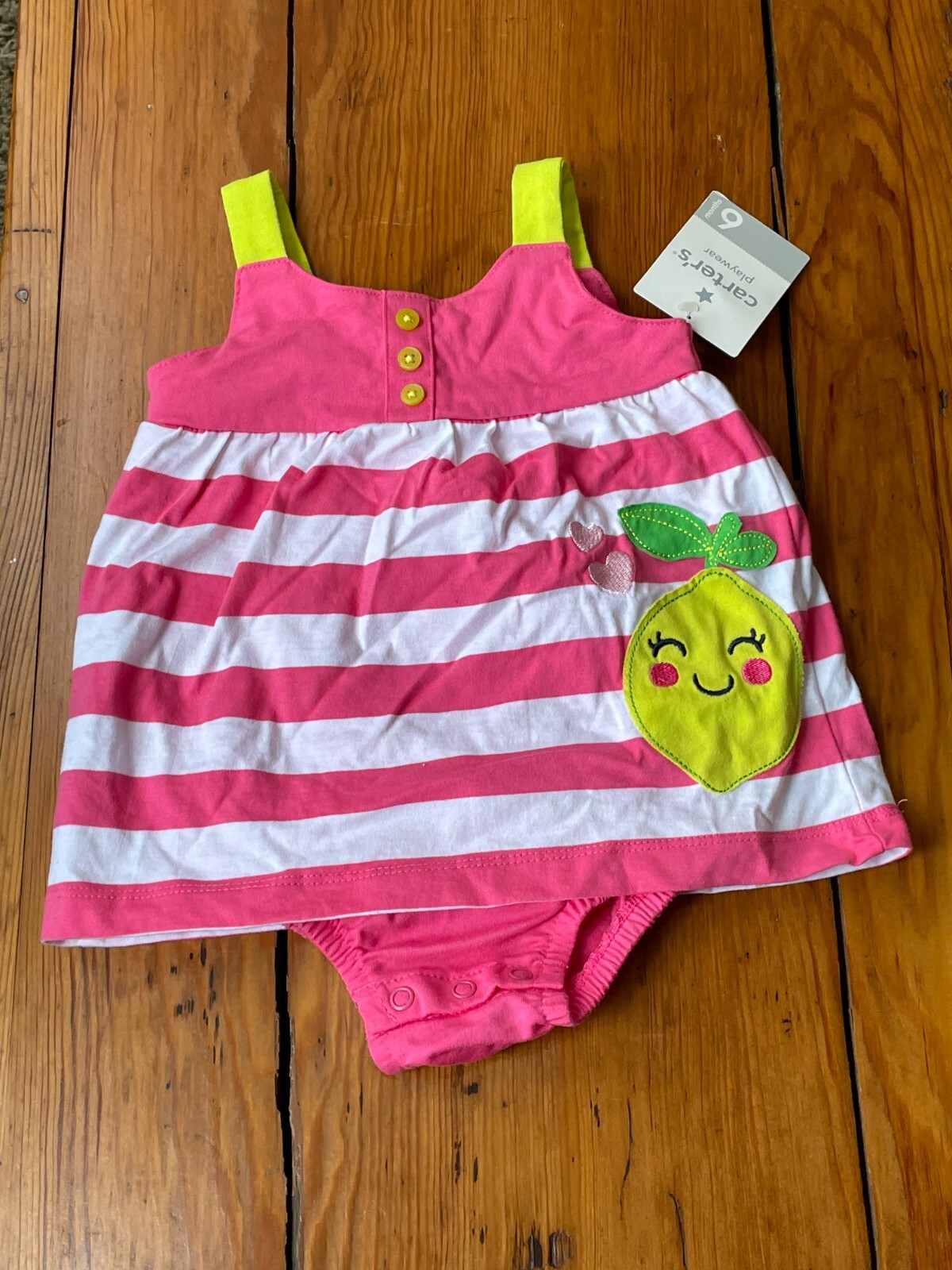 CARTER’S BABY GIRL SPRING OUTFIT PINK & WHITE STRIPED LEMON DRESS ROMPER 6 MONTH