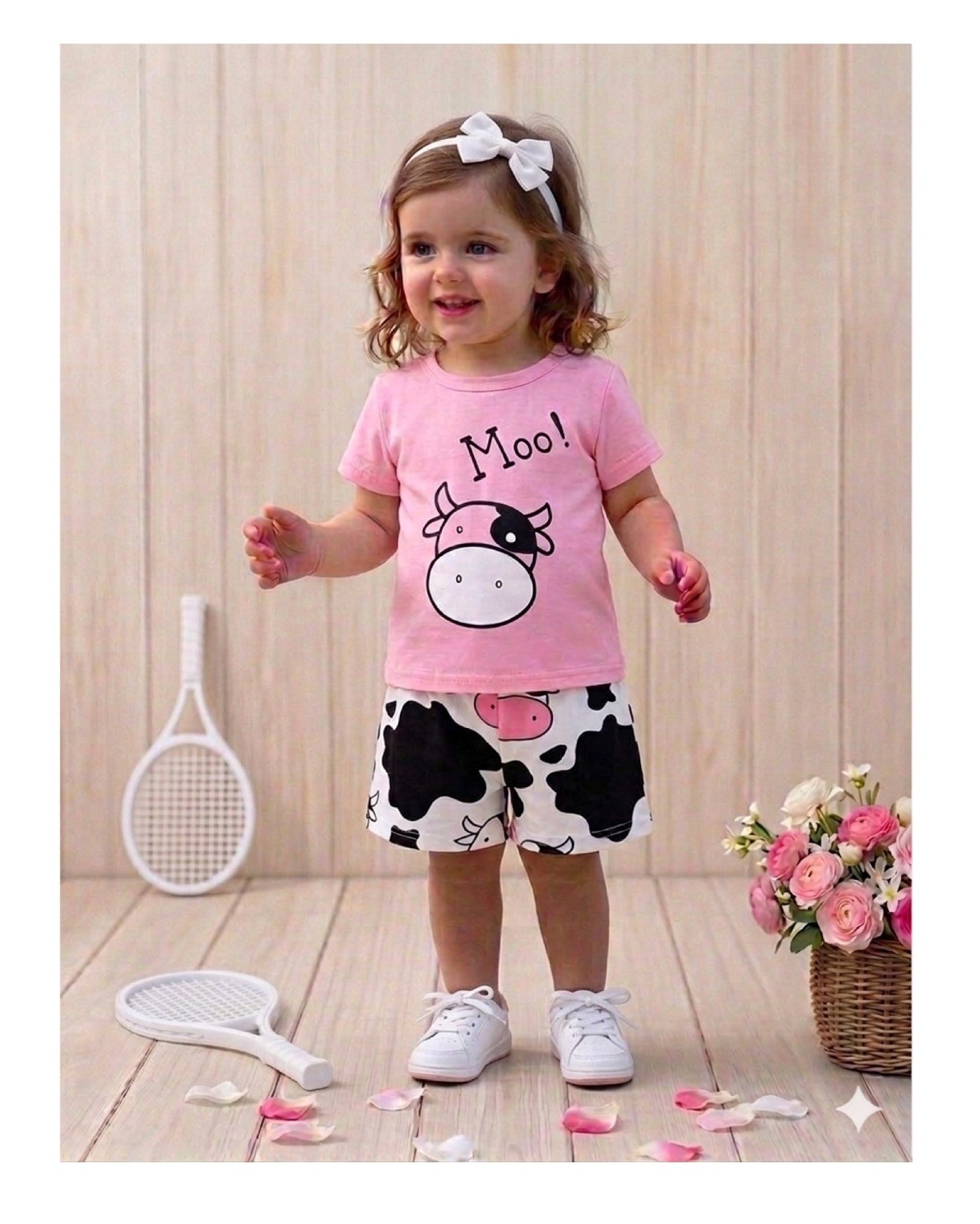 New 2pc Baby Girls Cow Print Short Sleeve T-Shirt & Matching Shorts. 1-2 Years