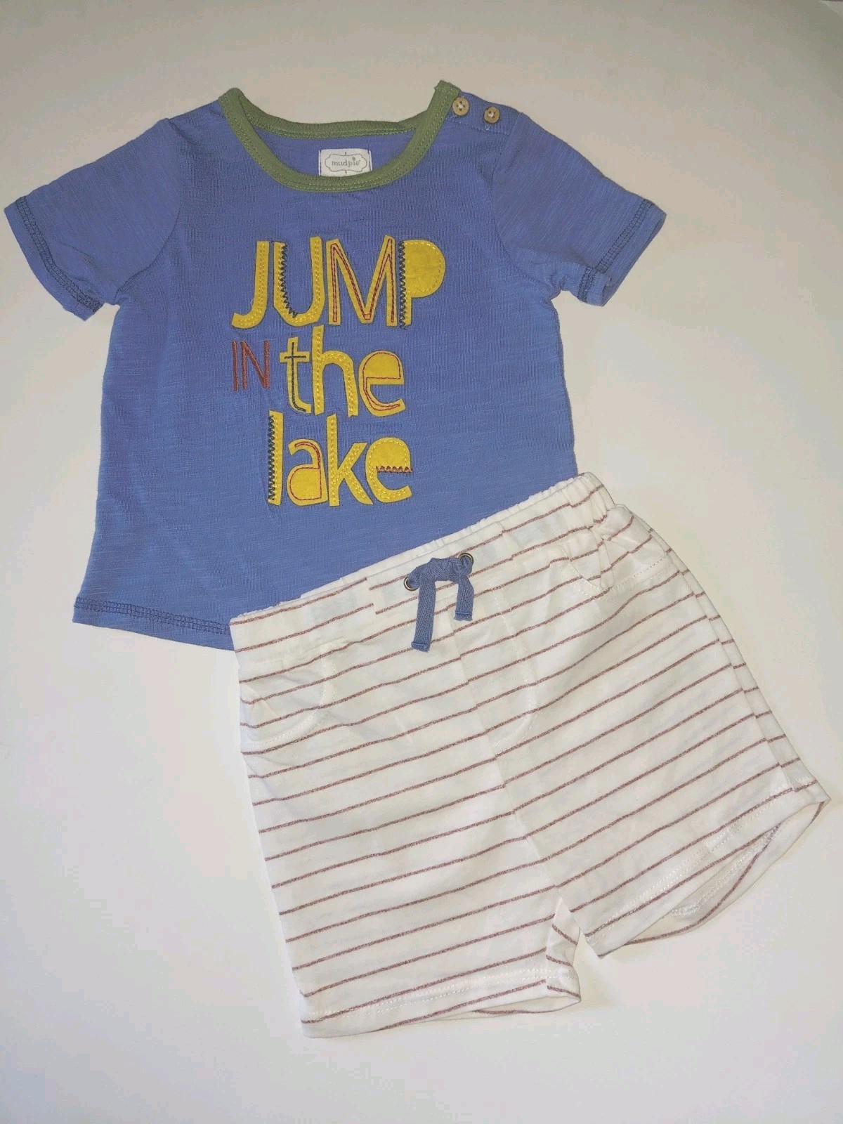 Mud Pie 12-18M Shorts Set “Jump in the Lake” Cabin Fishing Camp boat swim