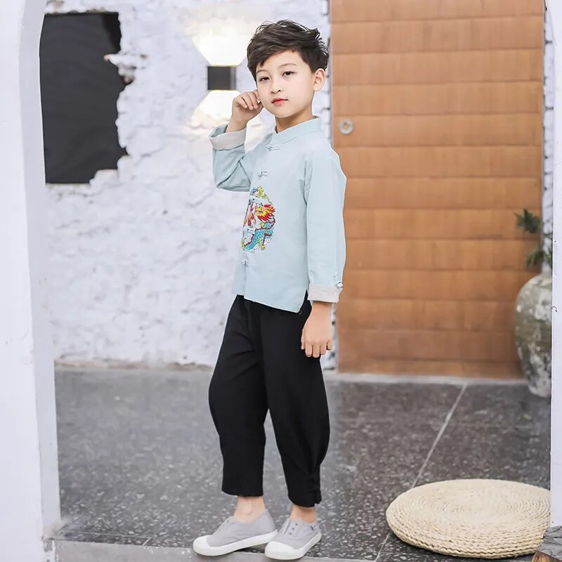 2Pcs Kids Boy Hanfu Chinese Tang Suit Outfits New Year Costume Embroidery