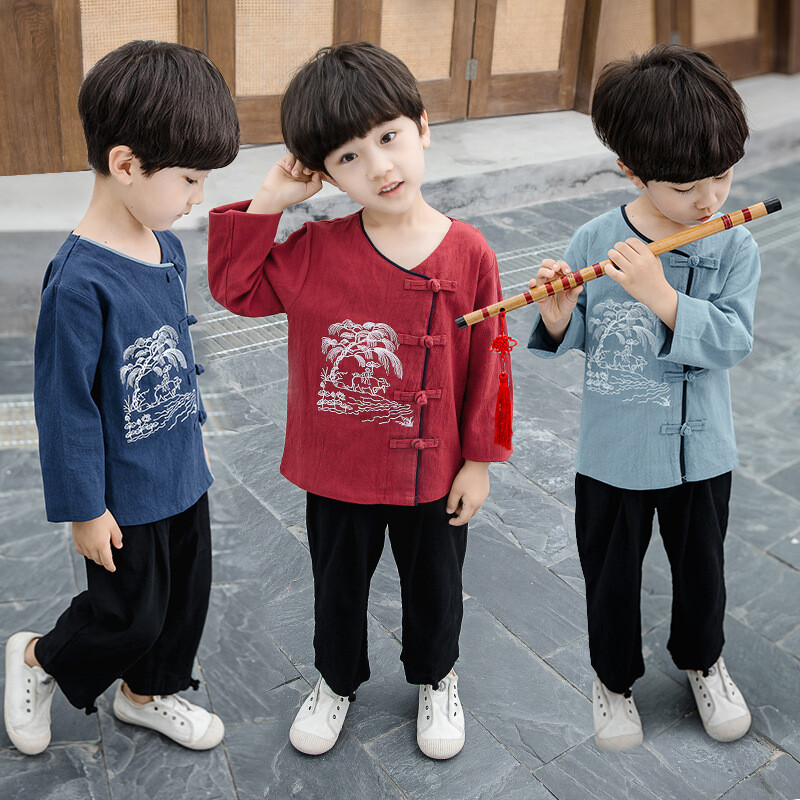 2Pcs Chinese Traditional Kids Boys Tang Suit Clothes Hanfu Cotton Retro Casual
