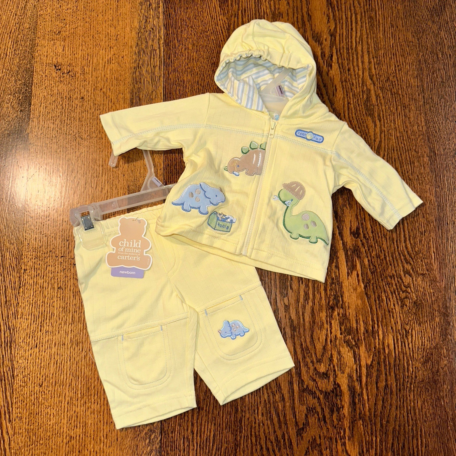 Y2K Carters Dinosaurs Appliqué Embroidered Outfit Set Newborn Yellow Hoodie