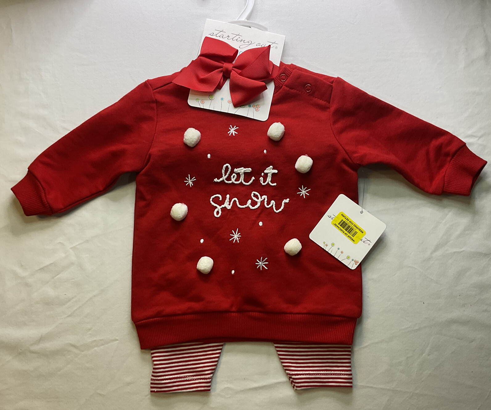 Starting Out Girls “Let It Snow” 3Pc Set-Sweatshirt, Pants, Bow-Red, 3M