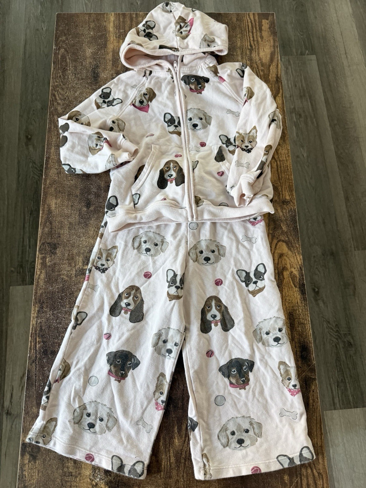 Angel Dear French Terry Pretty Puppy Faces Zip Hoodie & Wide Leg Pants Outfit 4T