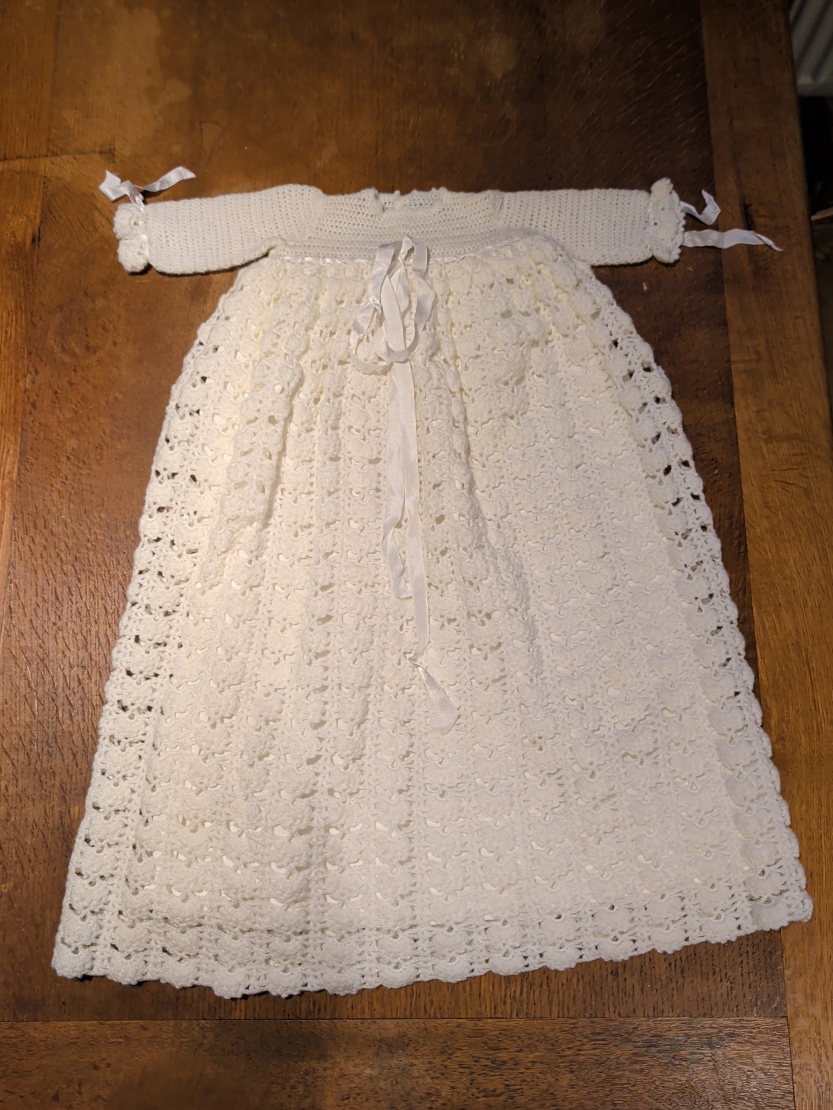 Crocheted Lined Christening Gown Dress Baby Or Doll Newborn 0-3 Months WHITE