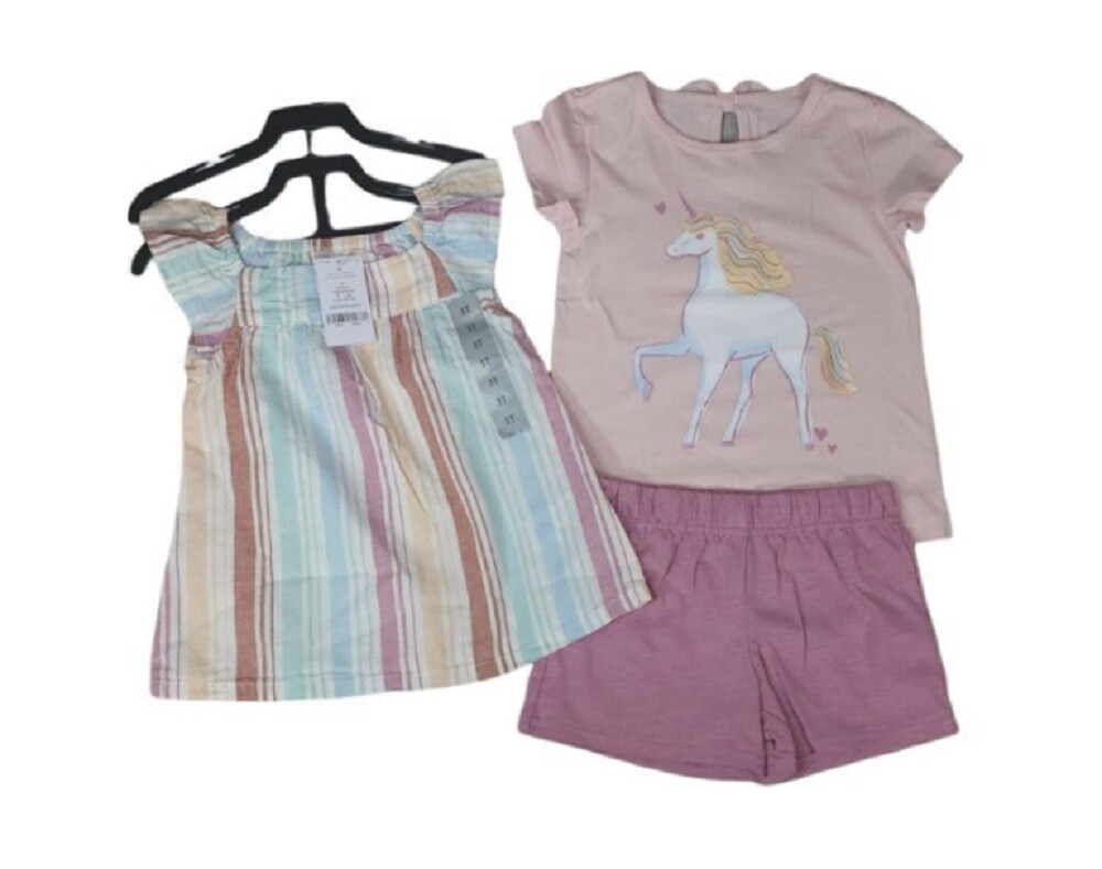 Carter’s Toddler Girls 3 Piece Outfit 2 Tops, 1 Short Pink Unicorn