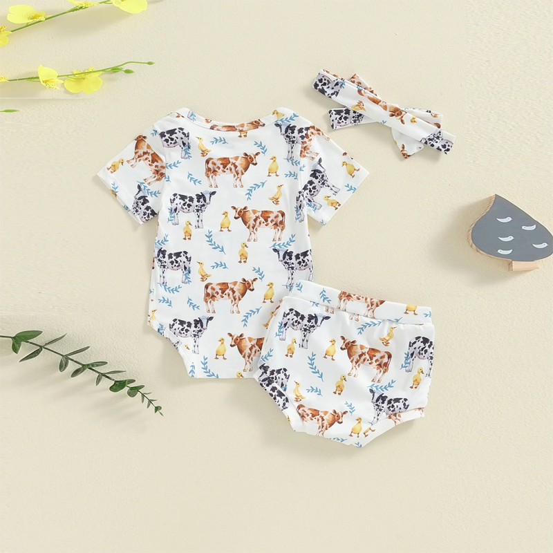 3PCS Newborn Infant Girls Outfit Short Sleeve Romper Bodysuit+Shorts +Headband