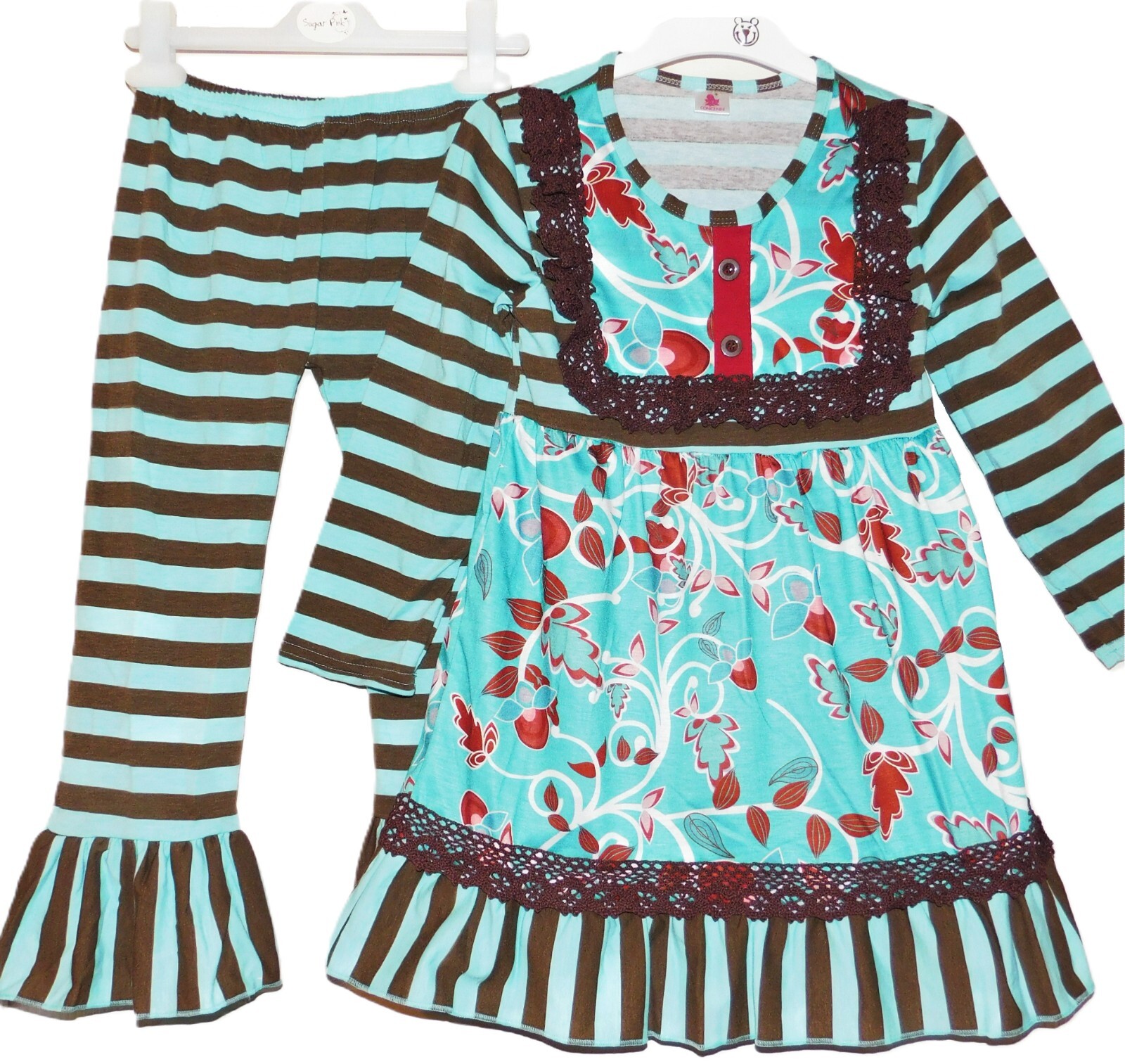 GIRLS 4-5 SKY BLUE & BROWN STRIPED FLORAL DRESS & LEGGING SET Giggle Moon Remake