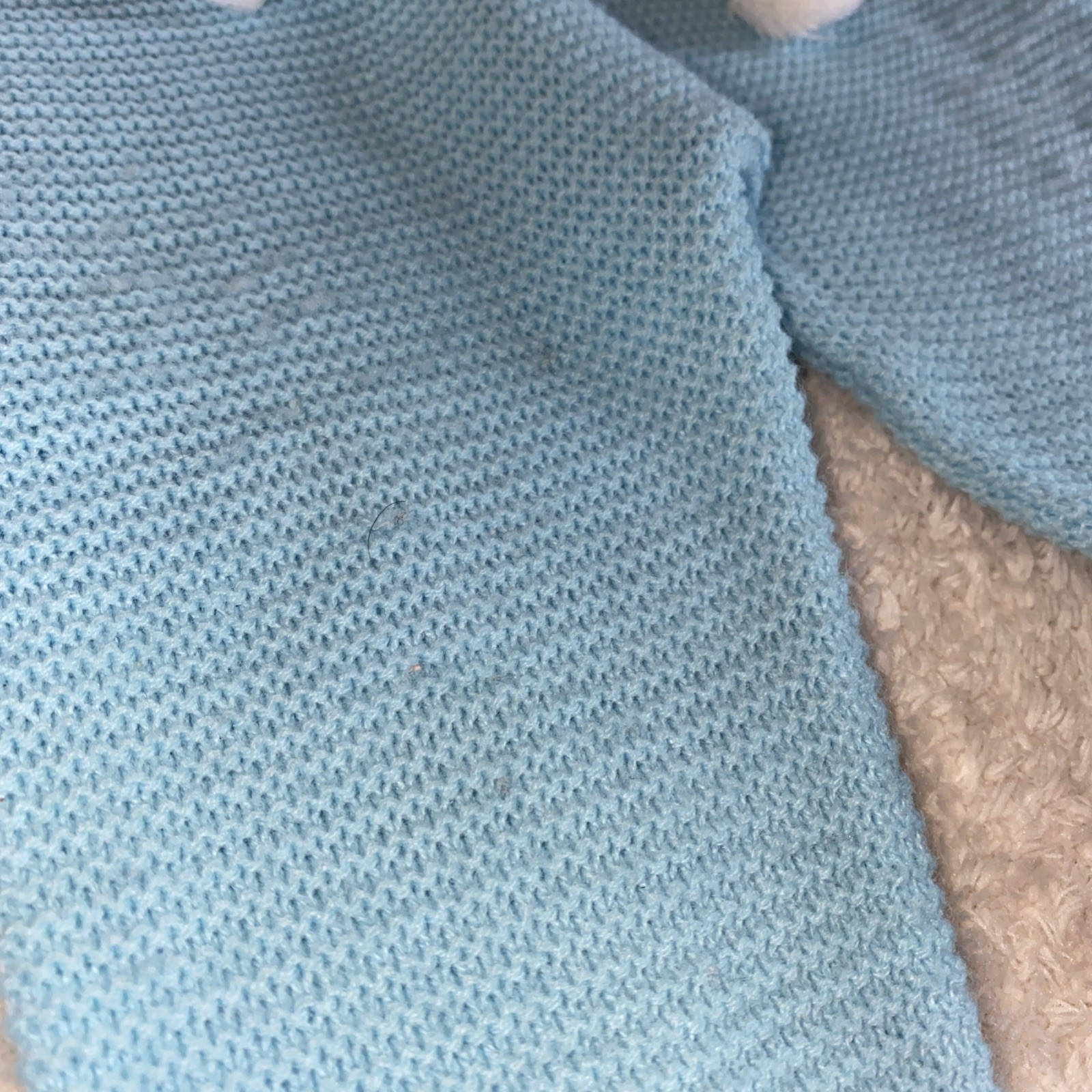 Vtg Knit Baby Blue Romper Footed One Pc Made In Japan Acrylic Pom Poms