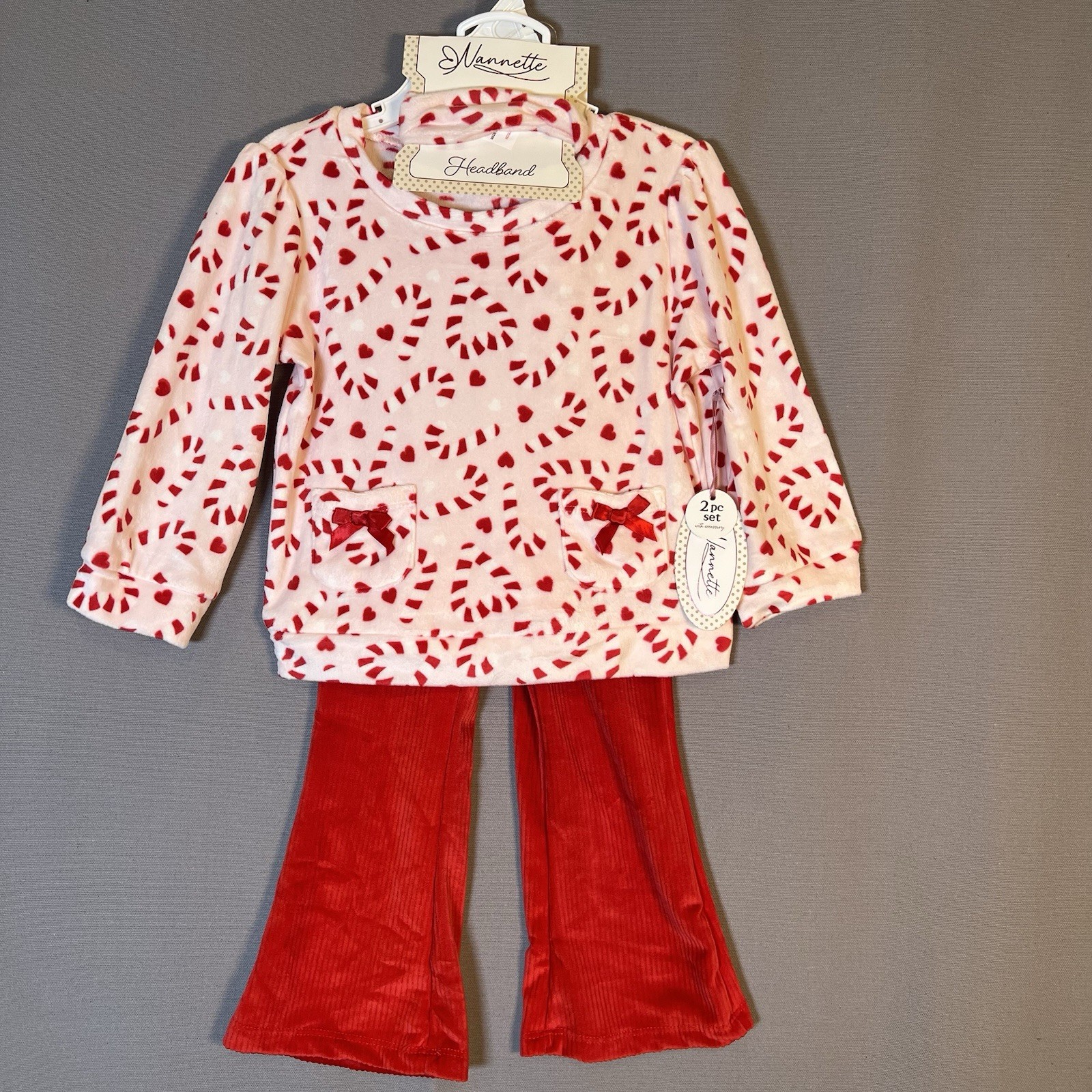 Nannette Toddler Girls 24 Month Velour 2 Piece Outfit Set Candycane Hearts Flare