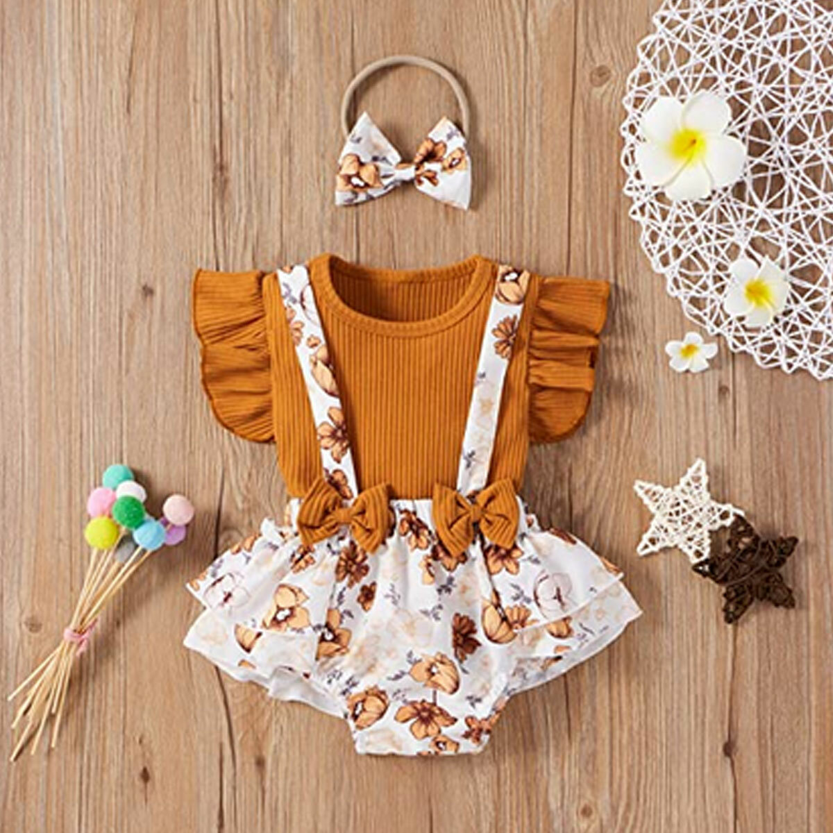 Baby Girl Summer Clothes Set Ruffle Flying Romper Floral Shorts Headband 3PC Set