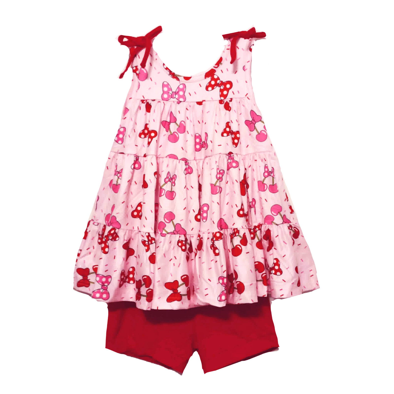 New Boutique Minnie Pink Bows Red Cherries Shorts Set Size 2T Sleeveless Outfit