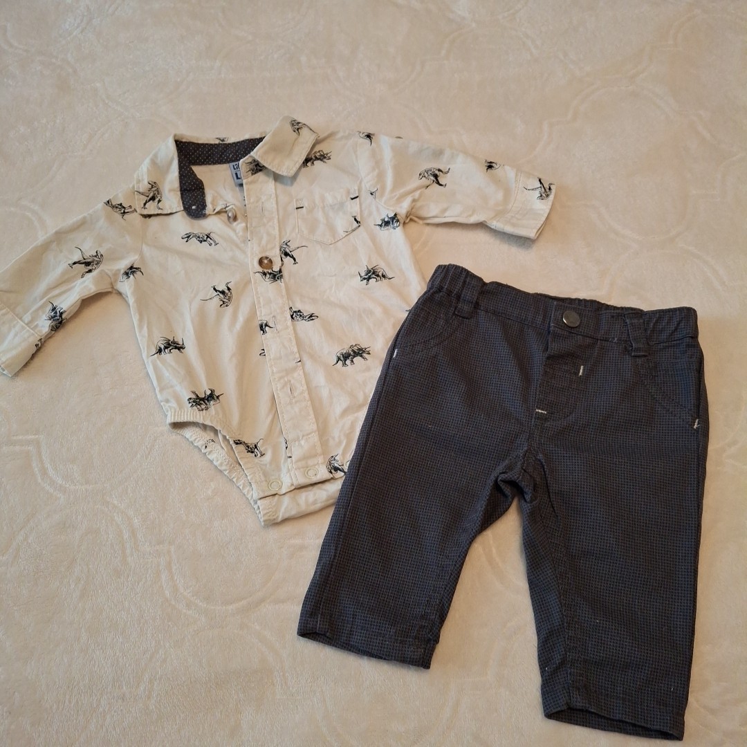 Cream Dino Print Botton Front Baby Shirt and Pants Set. 0-3