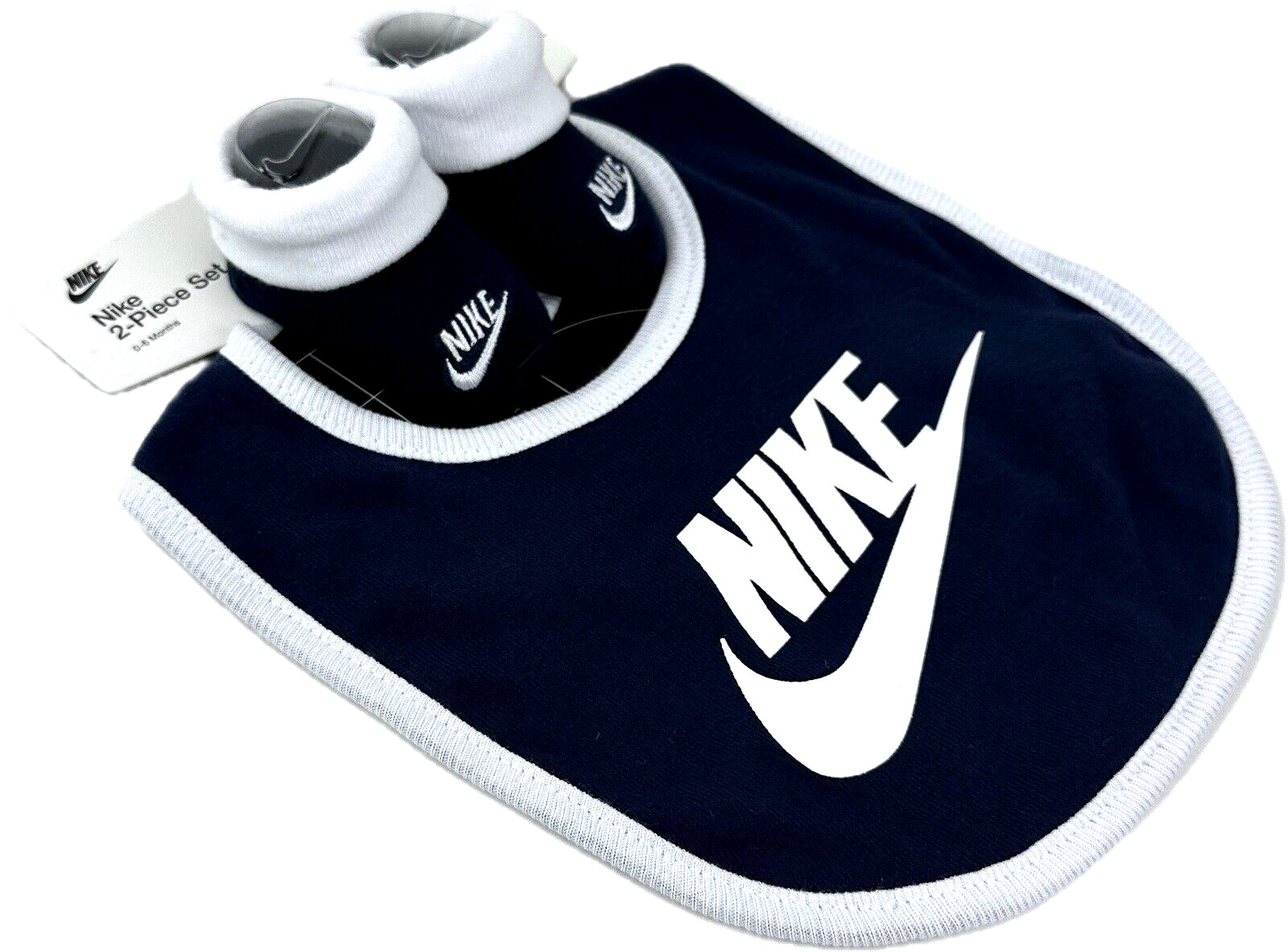 Nike Baby Navy Blue White Cotton Ankle Fold Over Cuffs Bib Booties Set Sz 0-6 MO