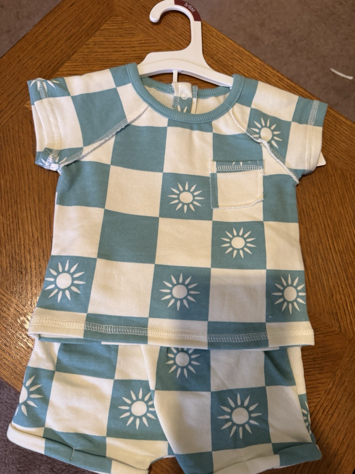 Unisex Baby 0-3M 2-Piece Blue/White Check Sun Tee Pocket & Shorts Set