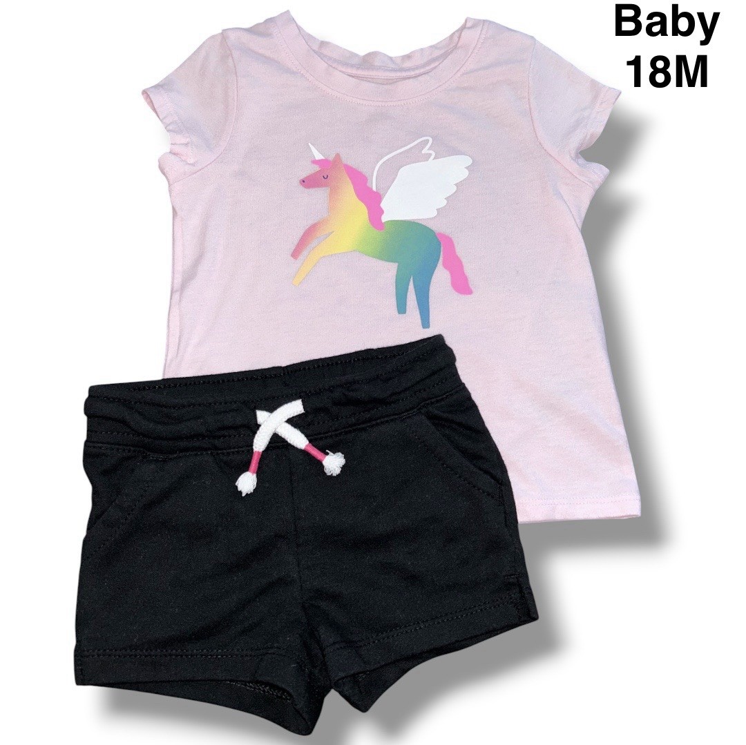 Cat & Jack Girls Pink Unicorn Tee with Black Drawstring Shorts Outfit Sz 18M