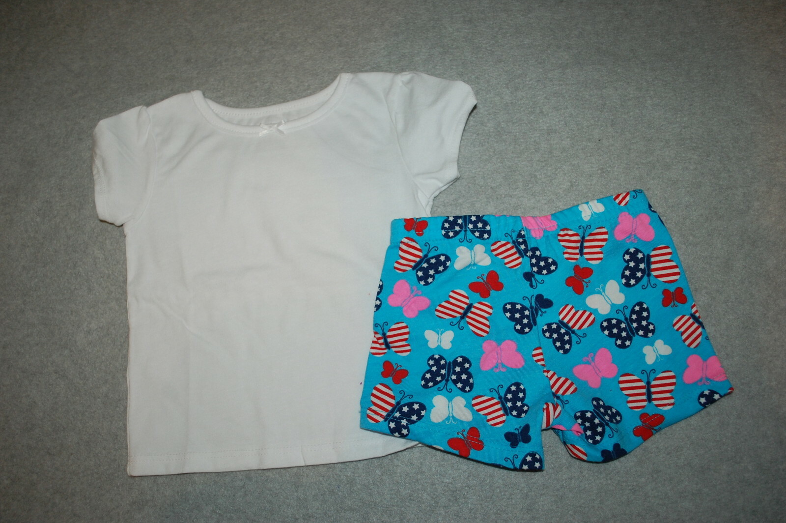 Baby Girls WHITE T-SHIRT Turquoise Shorts AMERICAN FLAG Pink Butterflies 12 MO