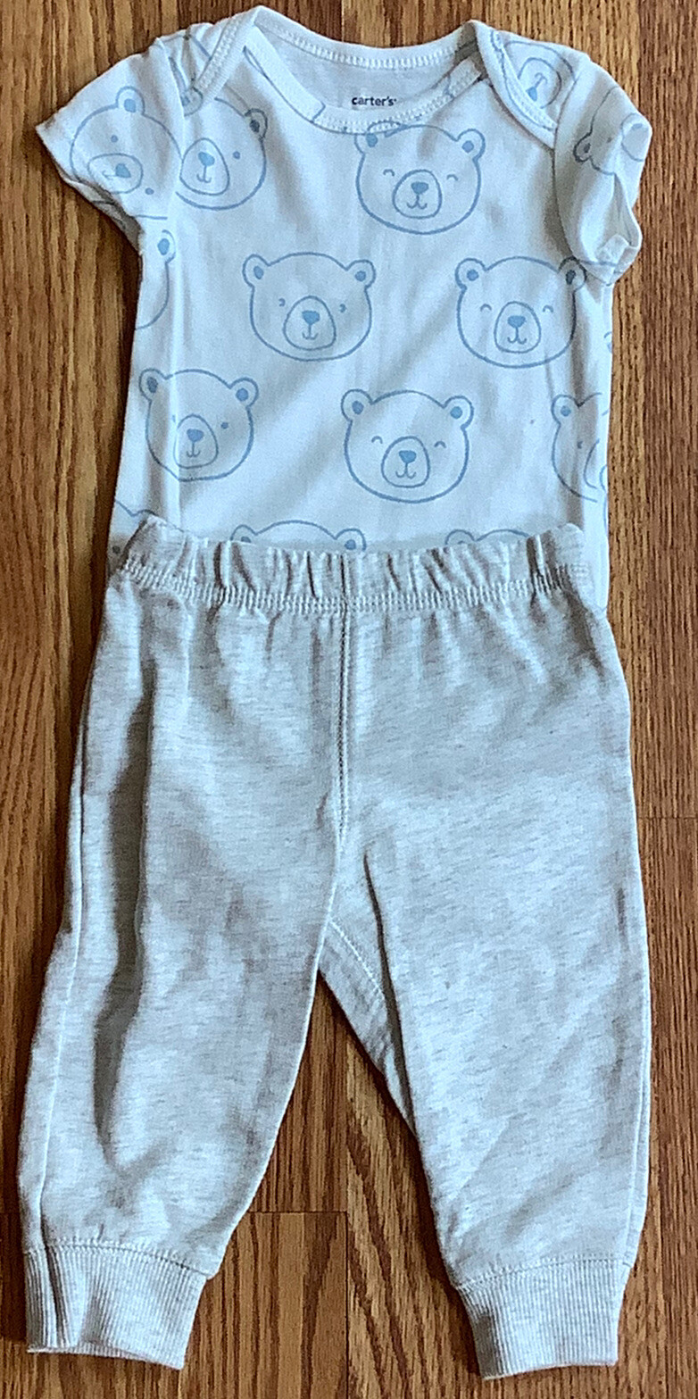 Carter’s 3 Piece Bear Set Zip Hoodie, Pants, Bodysuit Blue and Gray 6M or 18M