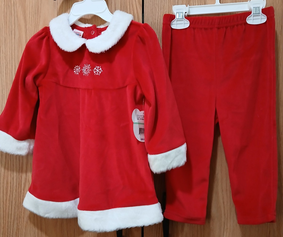 Cuddle Bear 3pc Christmas Set: Red w/White Faux Fur Dress/Top, Pants, Hat, 18 mo