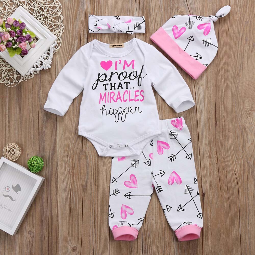 Newborn Baby Boy Girl Romper Tops +Long Pants Hat Headband Outfits Clothes 0-24M