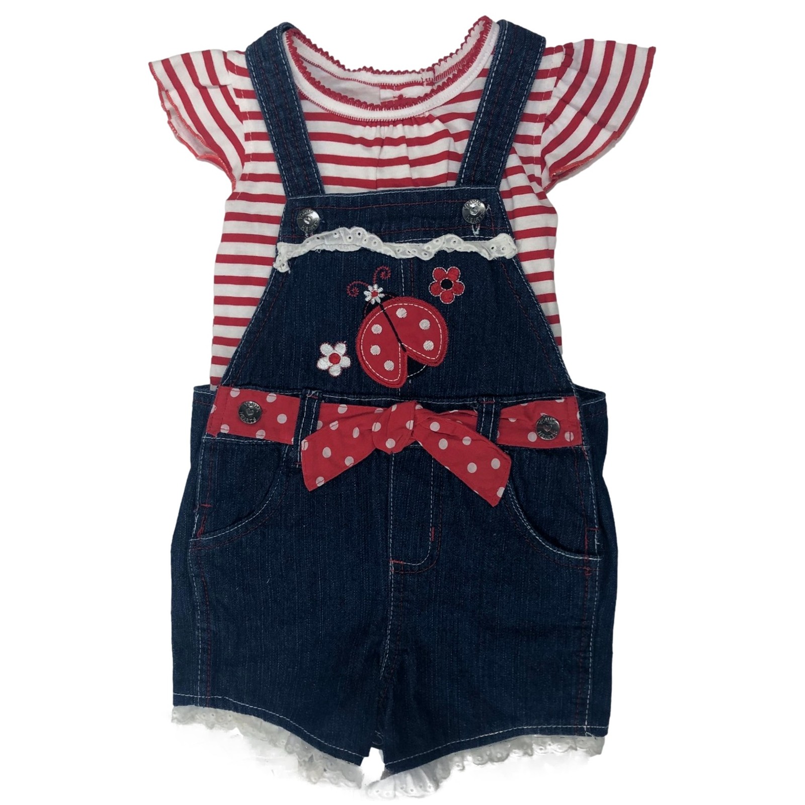 Infant Girls Blue Denim Ladybug Baby Outfit Shirt & Shorts Overalls Set