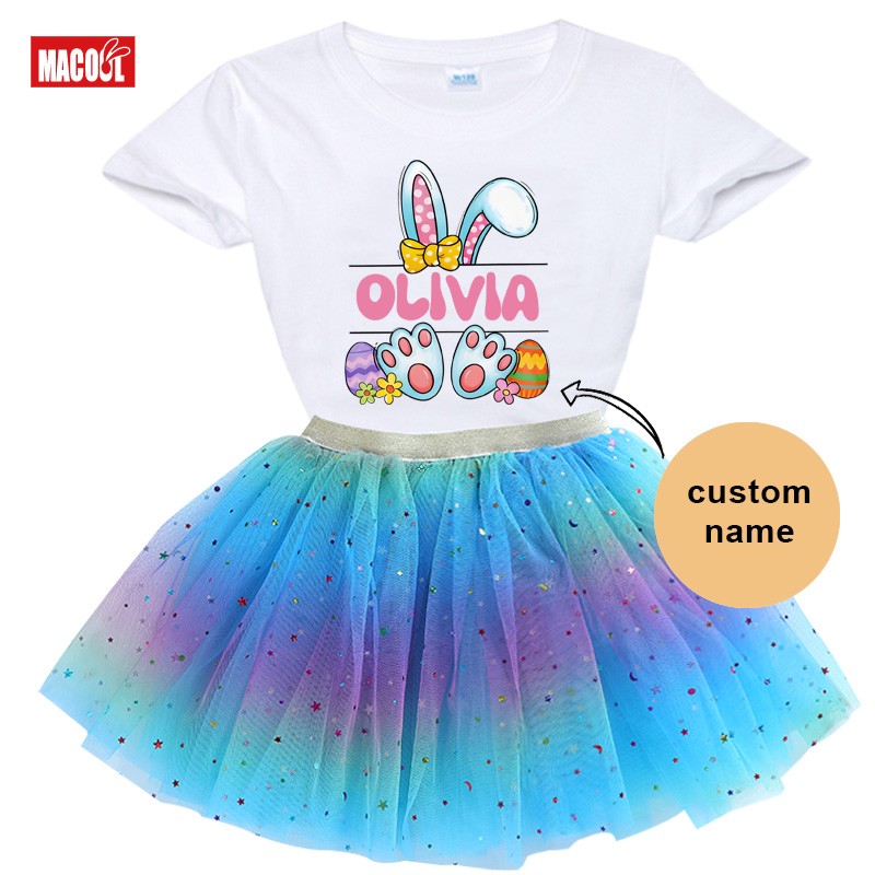 Easter Shirt Tutu Set Girl Kids Outfit Shirt Party Colorful Skirt Girl Dress Set