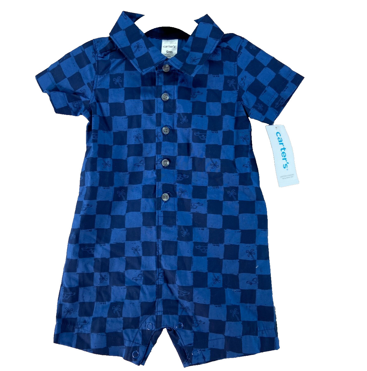Carters Oeko-Tex Tropical Car Button Down One Piece Shirt Shorts Baby 9M Blue