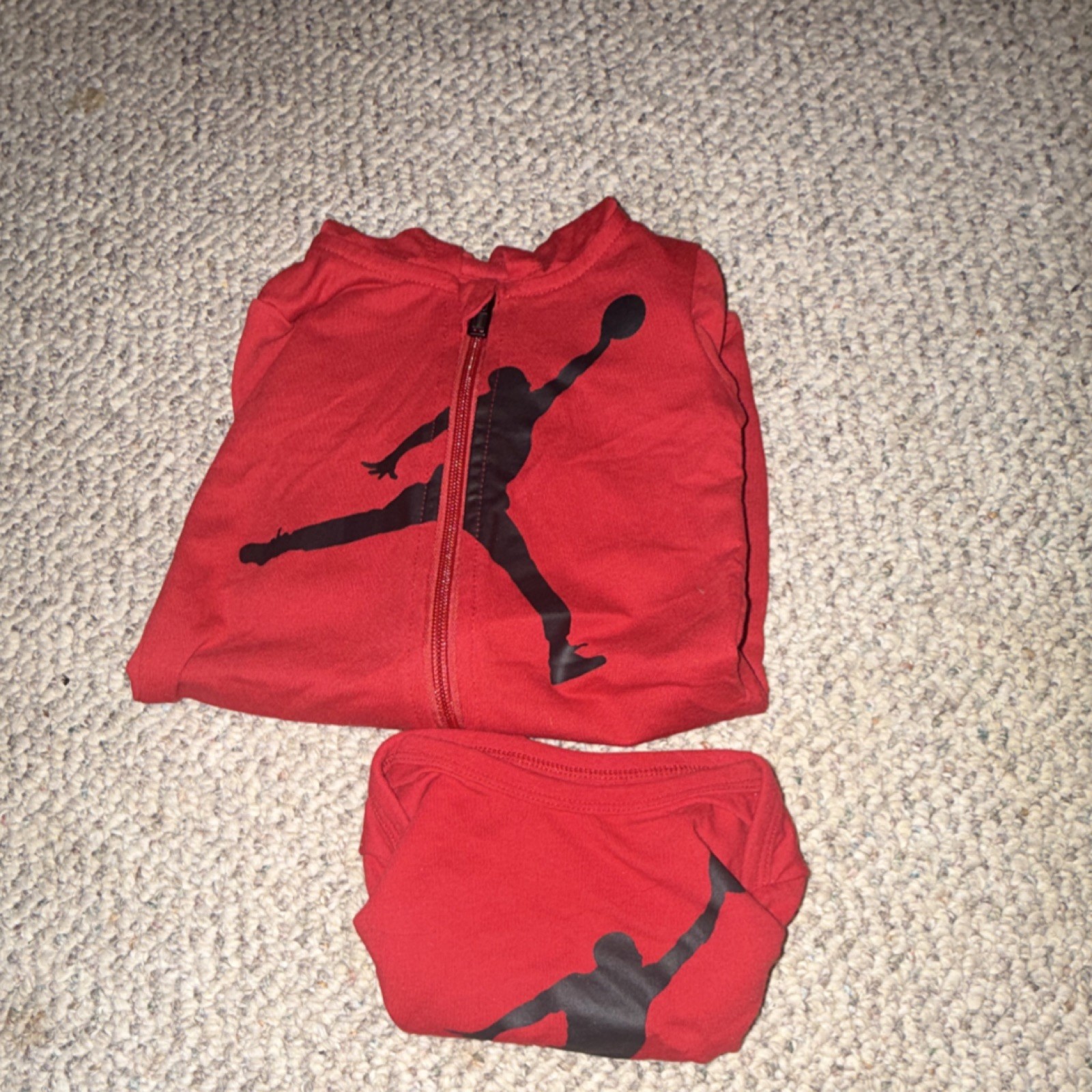 Jordan 6M Unisex Baby Red Hooded Jumpsuit & Long Sleeve Shirt Outfit Set Logo